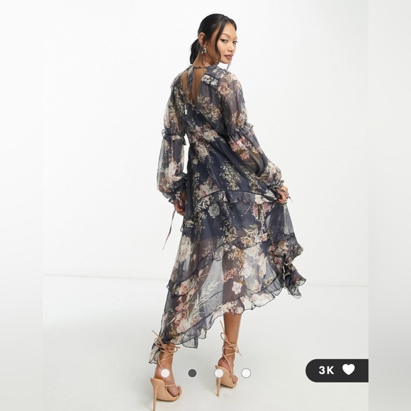 ASOS DESIGN pleated layered tiered midi dress in navy floral print - Picture 2 of 6